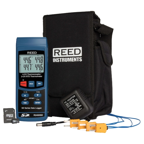 REED Data Logging Thermometer with SD Card, Power Adapter and 4 Thermocouple Probes